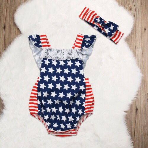 Pasgeboren Baby Meisjes Amerikaanse Onafhankelijkheid Dag Bodysuits Hoofdband Outfits Mouwloze Bodysuits Meisjes Kleding