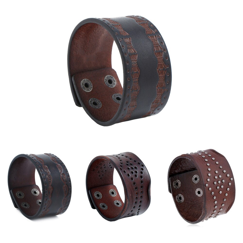 Punk reliëfpatroon brede leren armband heren retro drukknoop armband sieraden motorfiets gitaar accessoires vriendje