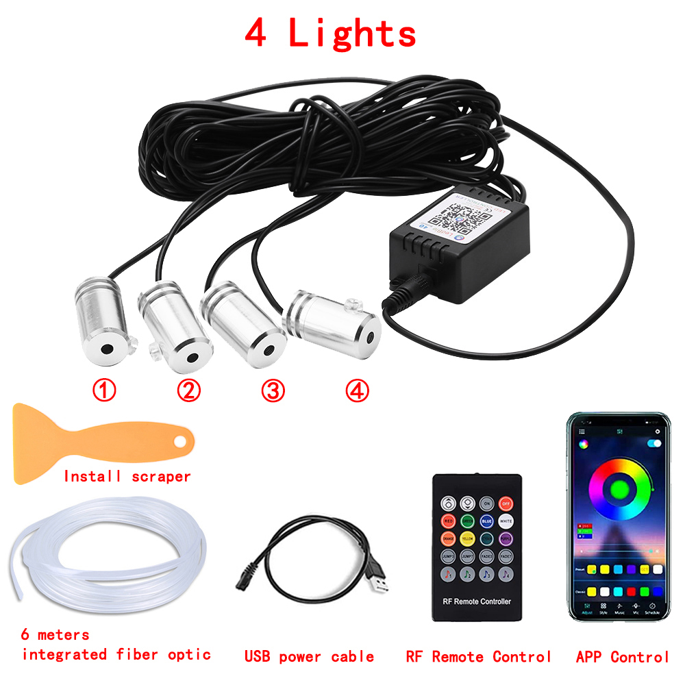 Tira de luces LED para Interior de coche, Kit de iluminación de neón de fibra óptica RGB con Control remoto por aplicación, lámparas decorativas automáticas: 6000 K blanco frío