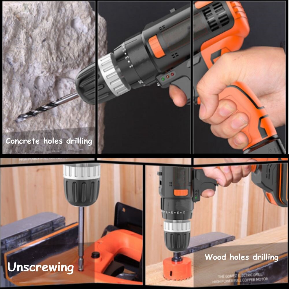 48V Cordless Electric Drill Screwdriver 2 Speed Wireless Power Driver Tools Set with Drill Accessories Box 2 x 6000MAH Battery