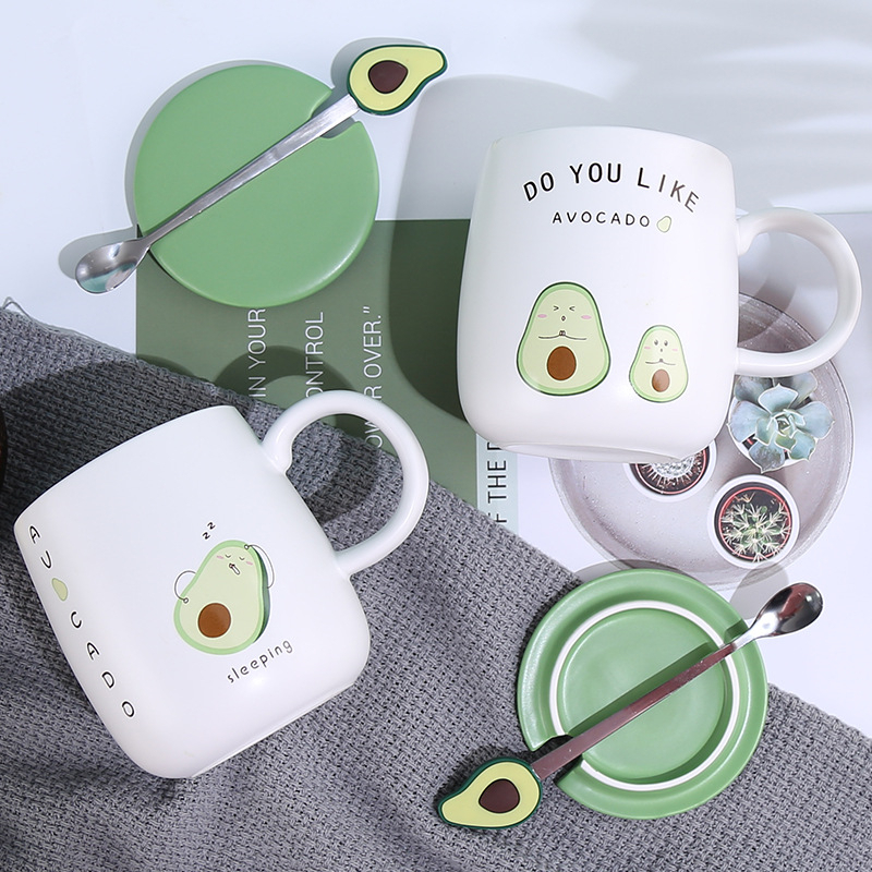 Cartoon Avocado Ceramic Coffee Mug With Lid Spoon Heat-resistant Milk Tea Water Mugs Home Office School Drinkware Cup Cute