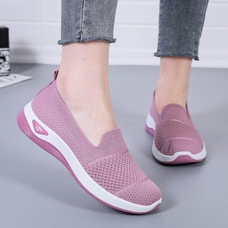 Zapatos para caminar sin cordones de punto transpirable para mujer, cómodas zapatillas informales antideslizantes, mocasines ligeros con plataforma suave para mujer