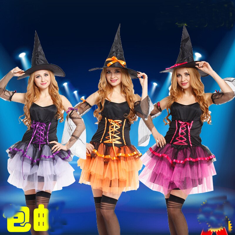 , volwassen vrouwen roze paars orange halloween party heks prinses jurk kostuum met hoed