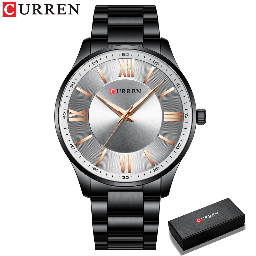 Curren roestvrijstalen herenhorloges, eenvoudig en klassiek quartz zakelijk horloge, dun horloge voor heren: Zwarte zilveren doos