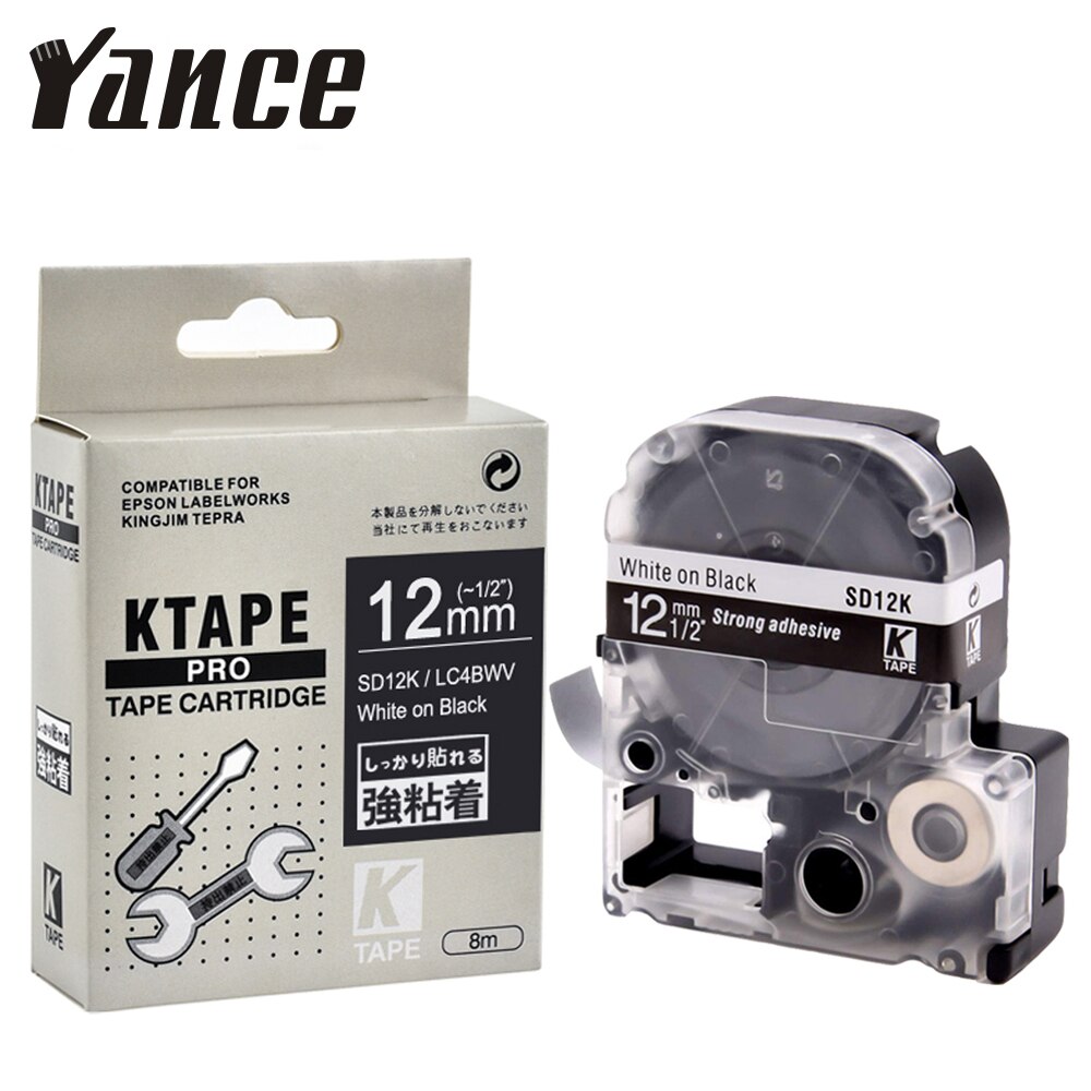 Yance Sterke Lijm 12Mm Wit Op Zwart LC-4BWV9 SD12KW/LC-4BWV Label Maker Tape Compatibel Voor Kingjim Label Printer LW-400