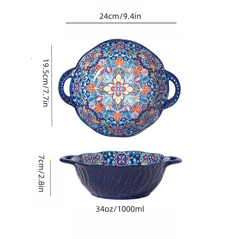 Tigela de sopa de cerâmica estilo boêmio com alça, design seguro para micro-ondas em relevo, ótimo para servir sopa, saladas, macarrão ramen: Azul