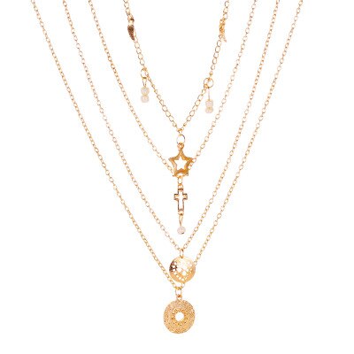 Mangfoldighed vintage flerlags vedhæng halskæde kvinder guld farve perler måne stjerne horn halvmåne kraft halskæder smykker: K