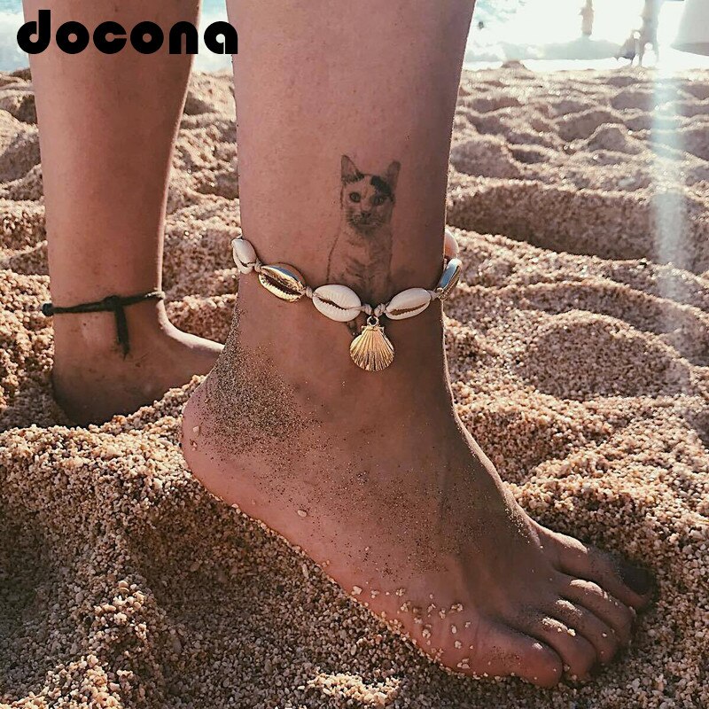 Docona-Tobilleras con colgantes de conchas doradas para mujer, cadenas ajustables para pies, joyería de playa para mujer 6957