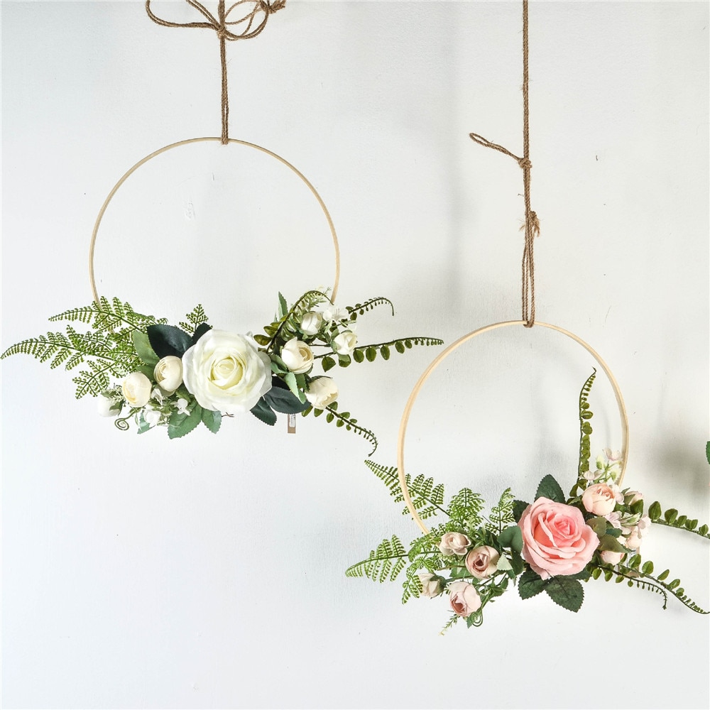 Cilected Hydrangea Eucalyptus Garland Wooden Wall Hanging Decoration Artificial Flower Garland Hoop Wreath For Wedding Backdrop