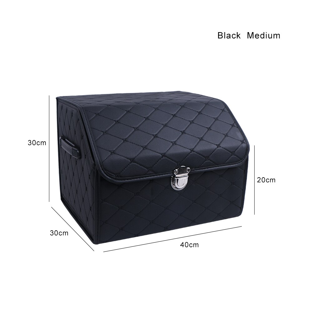 PU Leather Car Trunk Storage Box Top Grade Car Organizer Folding Storage Bag Automobile Stowing Tidying Box For Sedan SUV MPV: black-black-medium