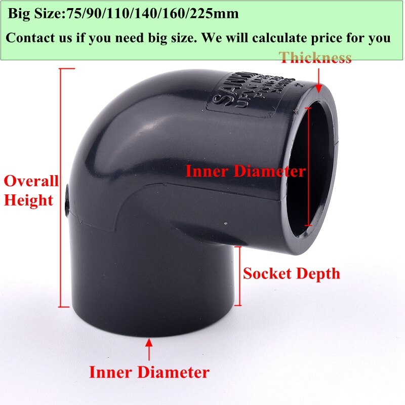 I.D 20~63mm UPVC Pipe 90° Equal Elbow Connector Irrigation System Hydroponics Planting Frame Plastic Elbow Socket Connectors
