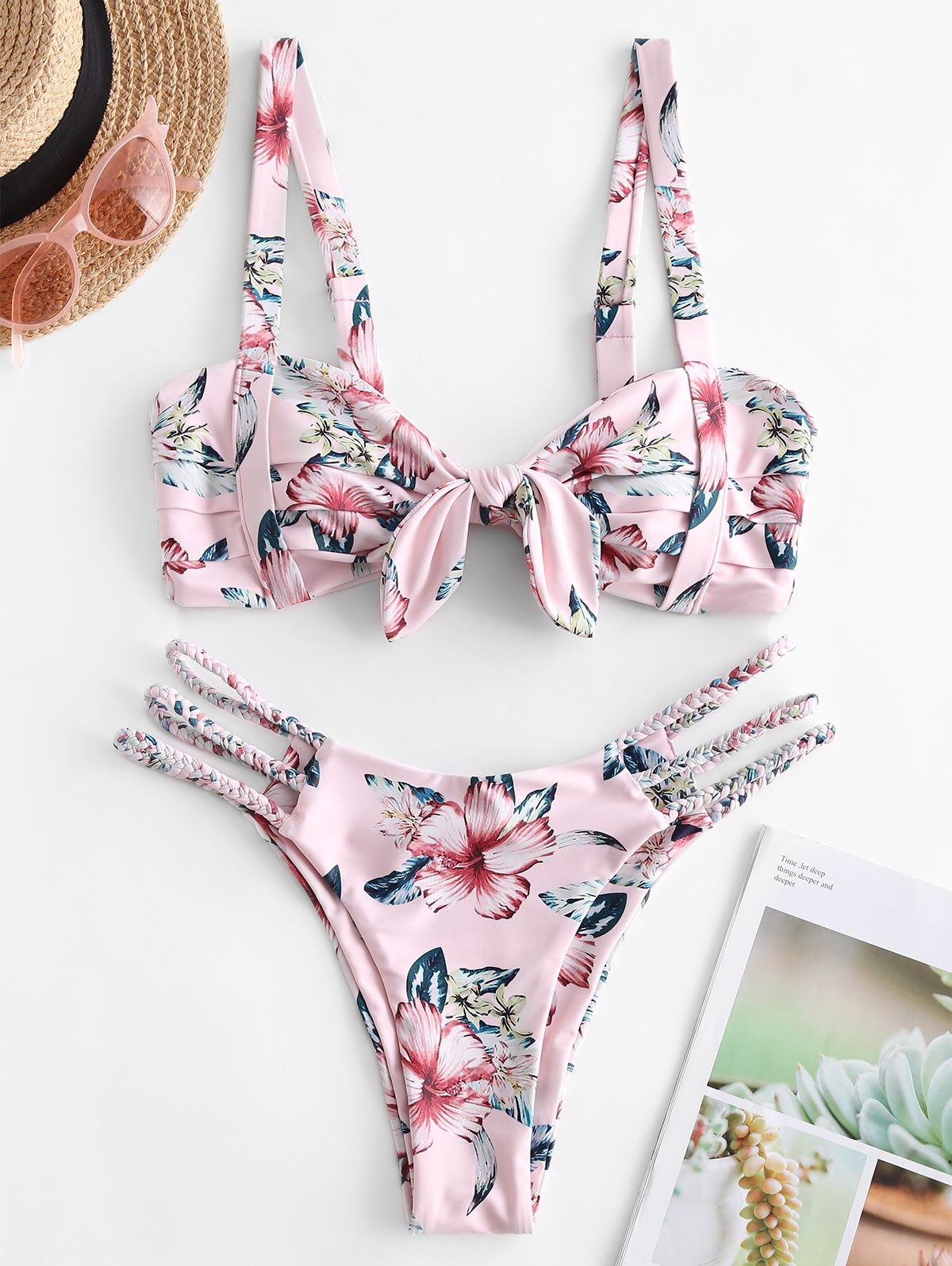 Zaful plant print flettet stroppet plisseret bikini badedragt: Sakura pink / L