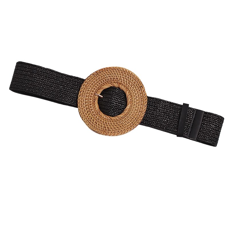 Paja de punto redondo hebilla personalidad largo ancho cinturón mujer todo-fósforo: Black