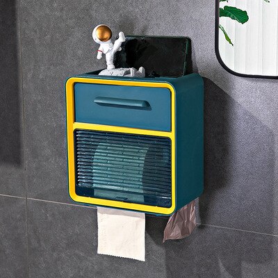 Toilet Paper Roll Holder Wall Mounted Paper Towel Holder Waterproof Tray Roll Paper Tube Storage Box Bathroom Accessories: Blue-Double