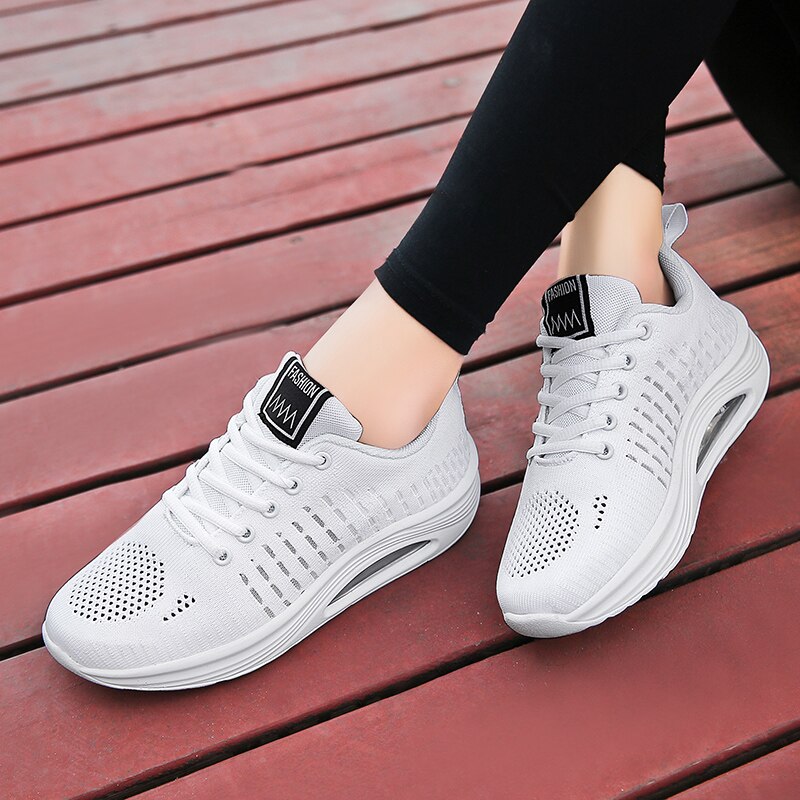 Spring rocking shoes, air cushion shoes, flying mesh breathable sneakers, thick-soled muffin mothers'and daughters' sho: White / 8