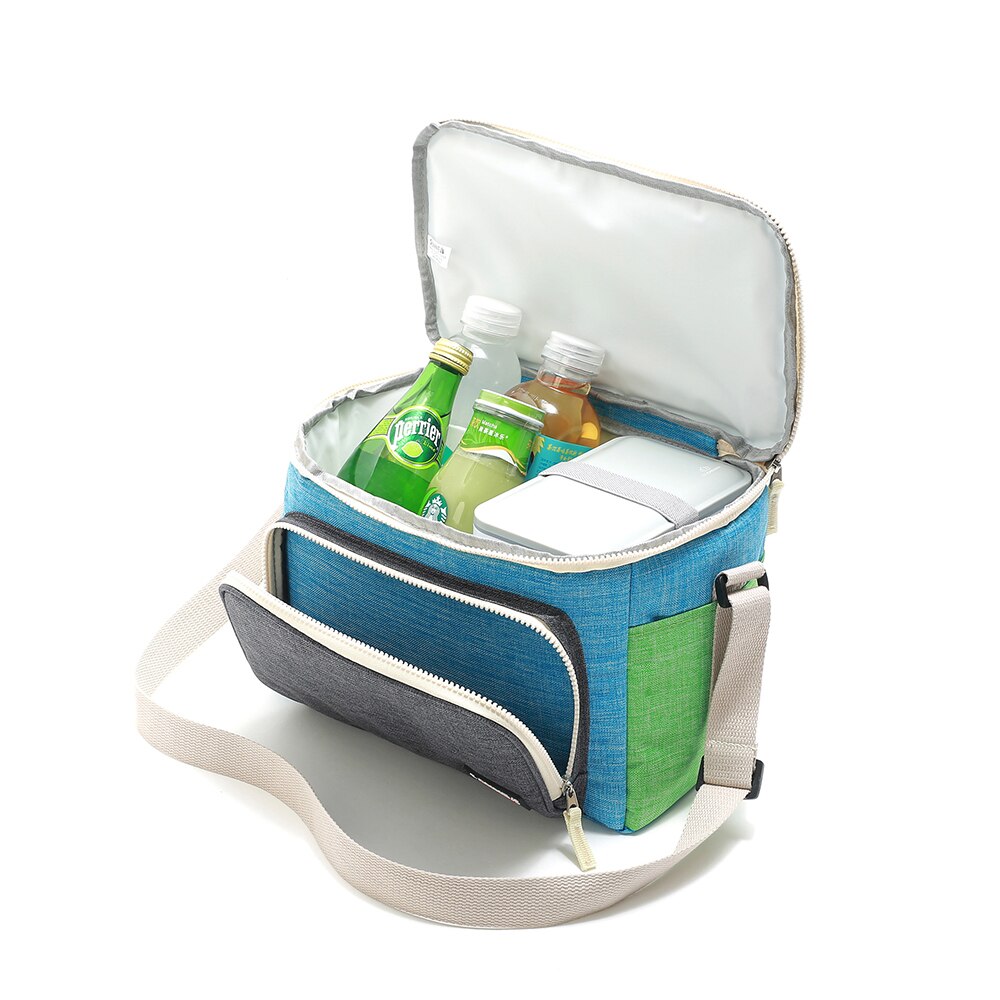 SANNE 9L Polyester Oxford Thickening Insulated Cooler Bag Front With a Pocket Portable Shoulder Strap PEVA Inner Lunch Bag