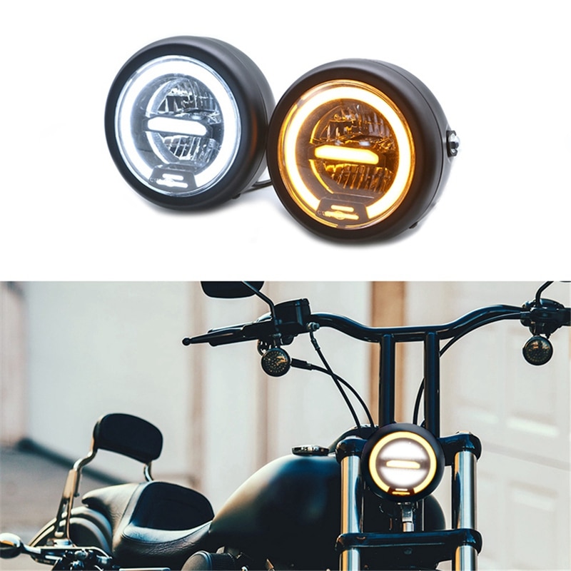 12v 6.8 tommers cafe racer vintage motorsykkel led lampe avstand lys motorsykkel frontlys hvit drl halo ring+brakett