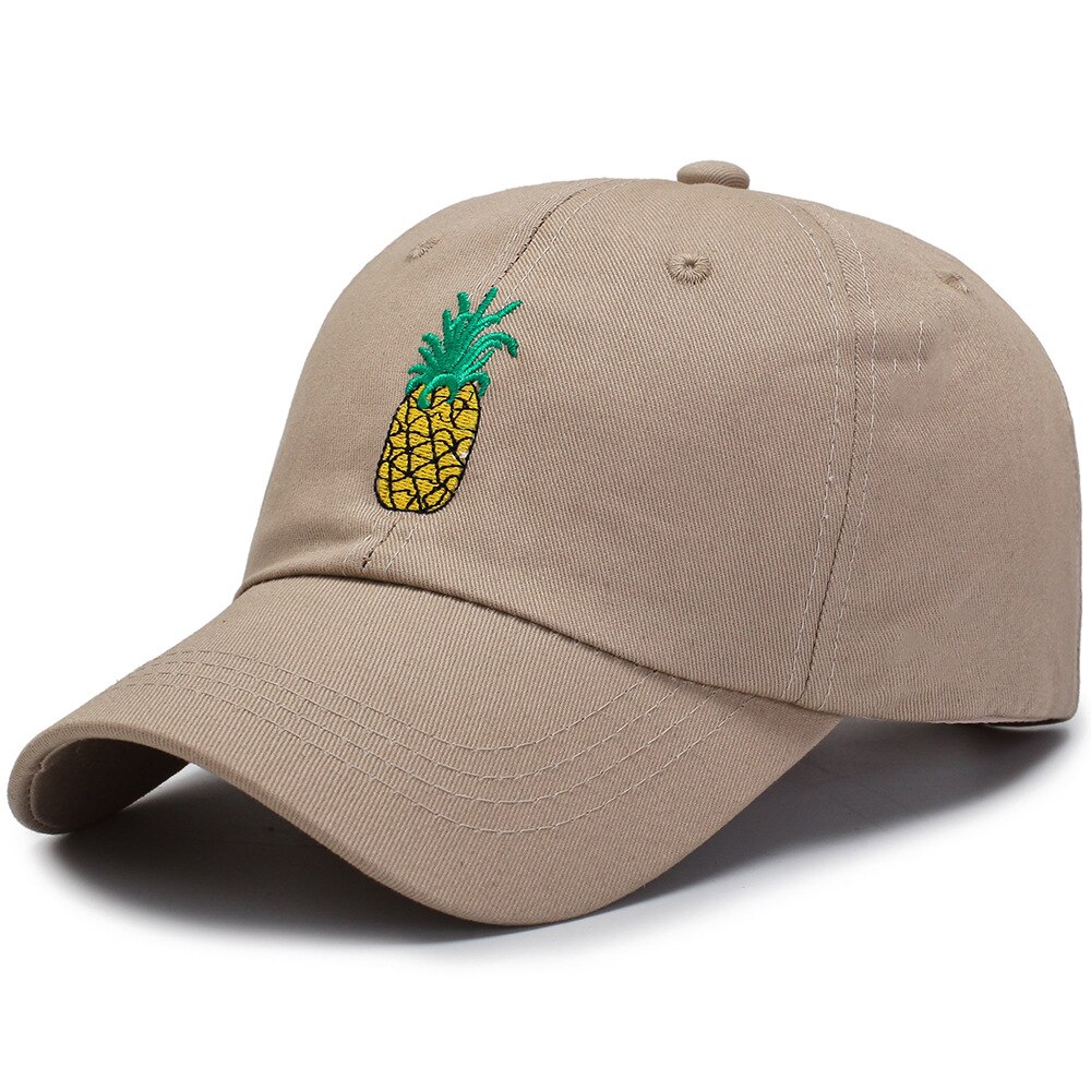 Pineapple Embroidery Baseball Cap Cotton 100% Hipster Hat Fruit Pineapple Dad Hat Hip Hop Cotton Snapback Cap hats: khaki