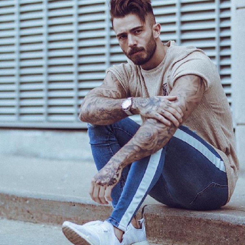 Jean homme avec bande latérale Patchwork déchiré jean en détresse coupe mince homme crayon pantalon pleine longueur Denim hommes vêtements pantalon