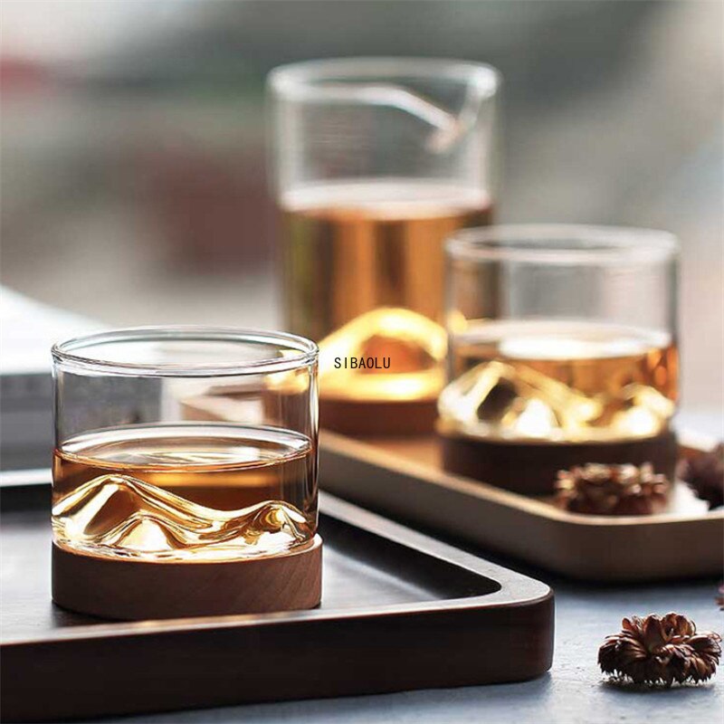 Vaso de whisky de montaña con Base de madera, vaso de cerveza, vino, agua, té, vasos de whisky, juego de Bar, accesorios de bebida