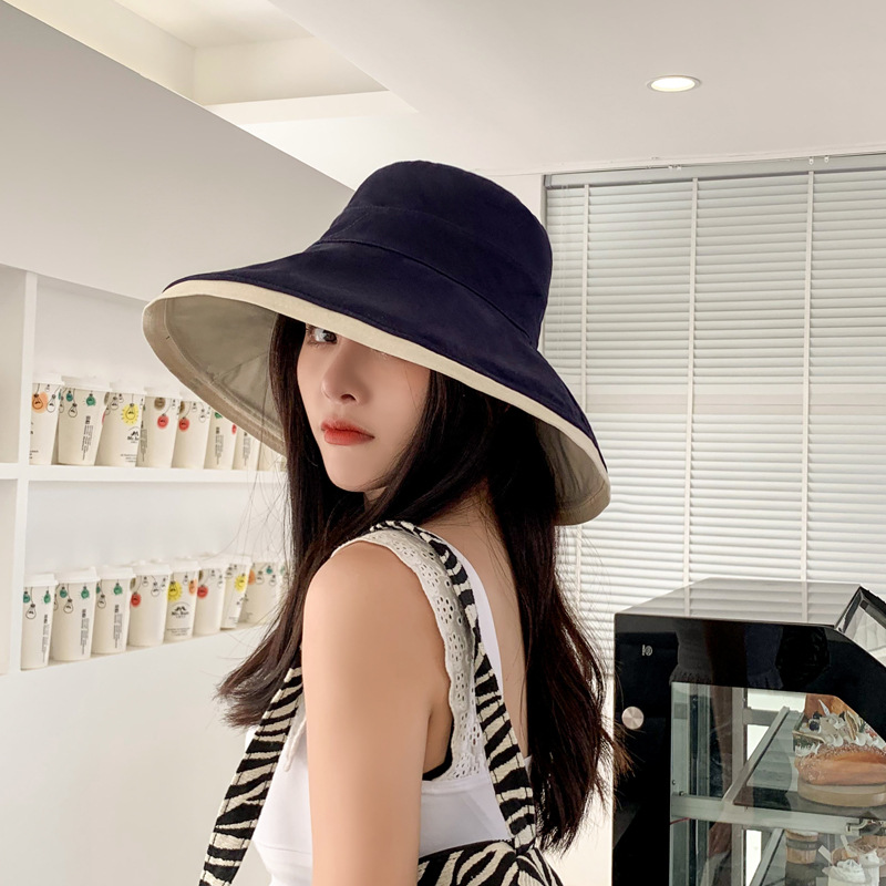 Women's Foldable Wide Brim Sun Hat Ladies Large Size Summer Beach Fisherman Cap Girls Casual Sun Protection Spring Hat: Navy