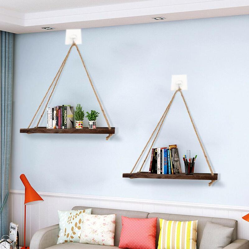 Flower Pot Sling Hanging Hook Wall Plank Ornaments Hanging Basket wooden Storage Stand Nordic Wall Swing Shelf Wood