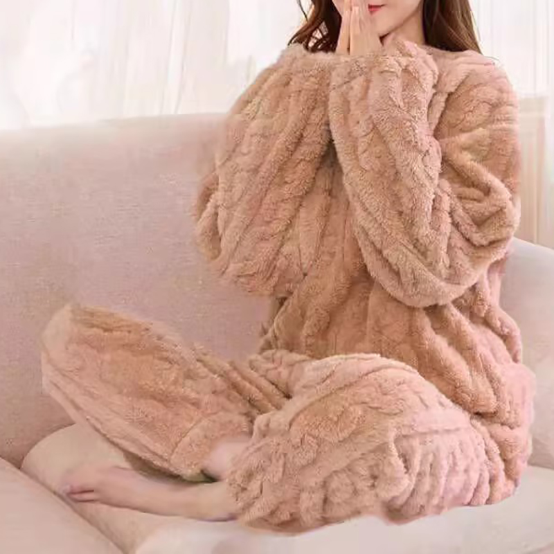 Kvinders pyjamassæt vinter nattøj o-hals løs langærmet top elastisk talje ben buksesæt bukser plus størrelse matchende sæt: L / Orange