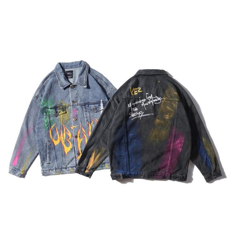 Rainbow Graffiti Vlam Print Denim Jassen Streetwear Hip Hop Casual Bomber Jean Jacket Jassen Tops Blauw Zwart