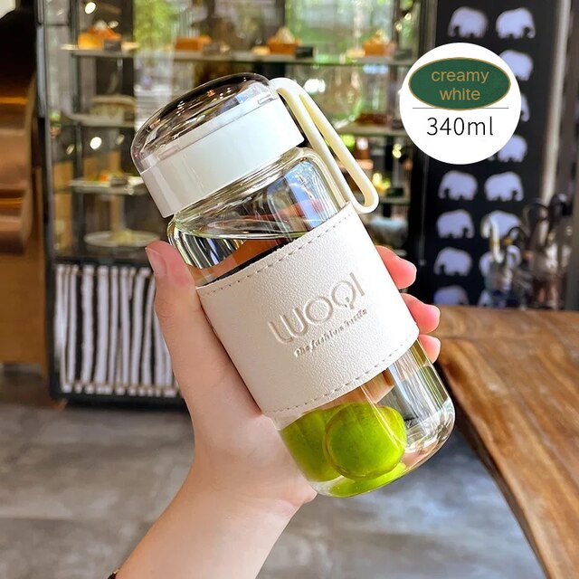 Botella de cristal portátil resistente al calor, 340ML, 480ML, para bebidas, agua fría, zumo, té, con tapa de tornillo, filtro, red fácil de llevar: white 340ml