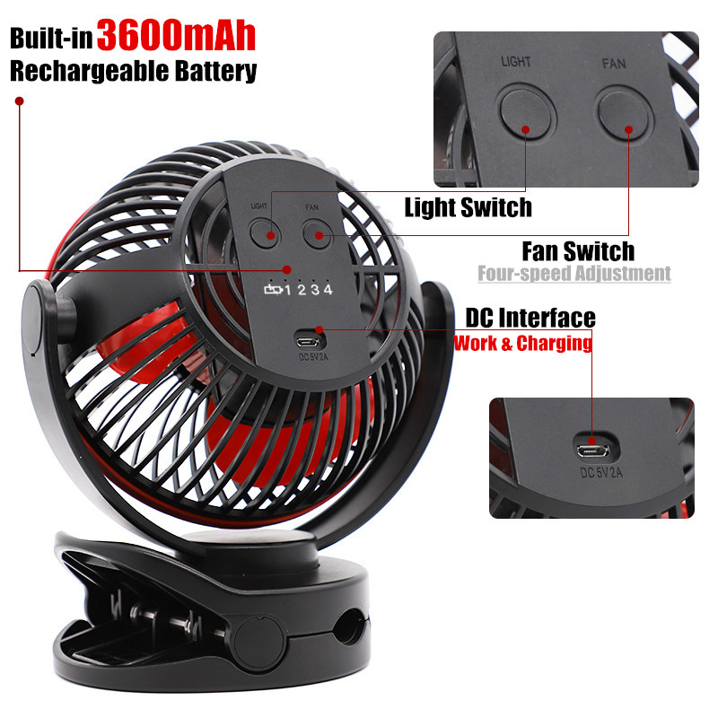 7 " krachtige wind-usb-ventilator, ,3600 mah oplaadbare batterij, 4- snelheidsaanpassingen met verlichting, 360 rotatiehaken, clips en bureauventilator