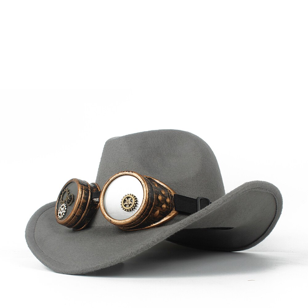 Sombrero de vaquero Steampunk para Hombre y mujer, Sombrero de lana con agujeros en el exterior, estilo occidental, Jazz, talla 56-58: Gray