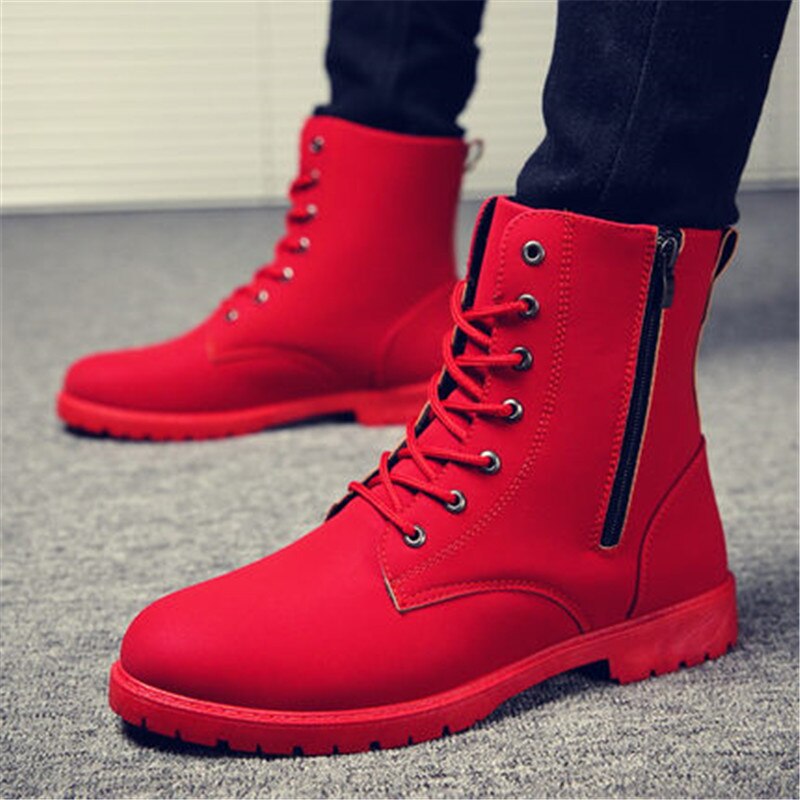 2020 inverno Caldo Scarpe Da Uomo Stivali Britannico Red High Top Mens Esercito Stivali Coreano della Chiusura Lampo degli uomini di Neve Stivali Da Cowboy stivali per Gli Uomini Nero: Rosso / 9.5