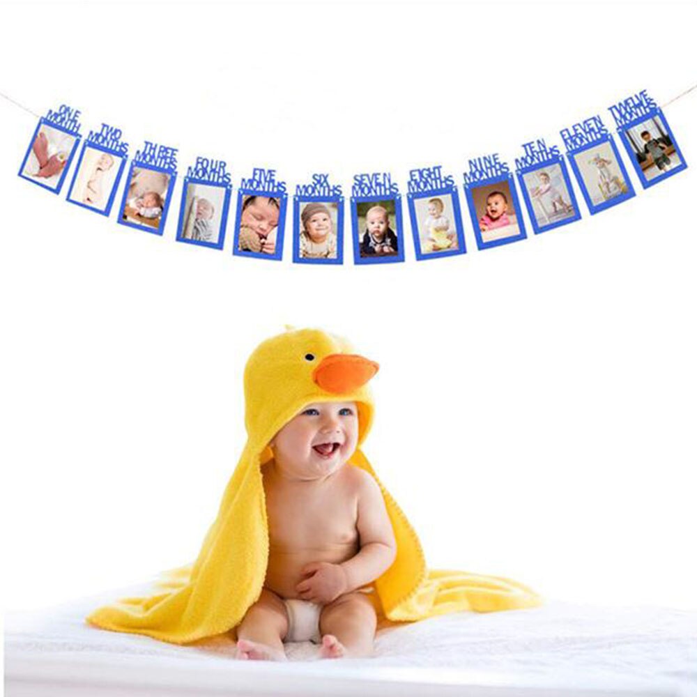 Baby& #39 ; s 1st bursdag fotoklipp bursdag 12 måneders fotoramme banner kransflagg fotovegg fotoramme trekk flagg bursdagshatt: Blå