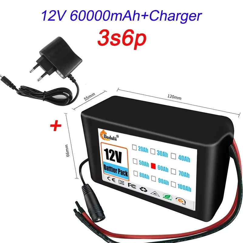 Bateria 3S3P 12V 18650 Lithium-ion 12V 30000mAh DC12.6V Bateria recarregável de ultra grande capacidade com BMS + carregador: Bege