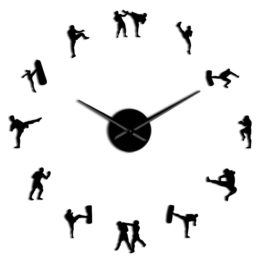 Taekwondo figurer diy gigantisk veggklokke kickboksing karate gutter kampsport dekorativ stor veggklokke: Svart / 37 tommer