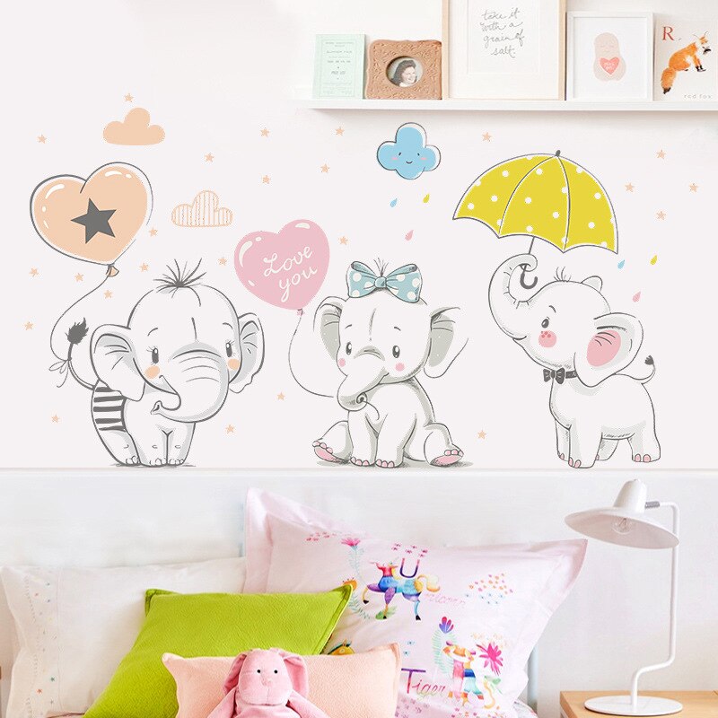 Cute Playing Baby Elephant Wall Sticker Kids Baby Room Decoration Wallpaper Home Decorative Vinyl Decals Cartoon Animals Sticker
