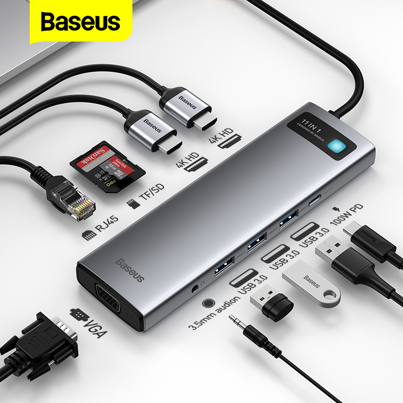 Baseus – HUB USB 3.0 Type C vers HDMI, adaptateur de lecteur SD RJ45, séparateur HUB USB-C 8 en 1 pour MacBook Pro Air et ordinateur portable