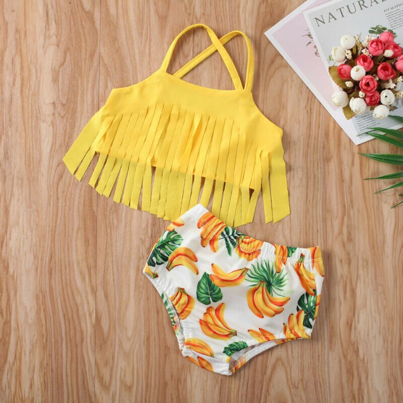 Summer Kids Baby Girl Swimwear Bikini Suit Tassel Tops Banana Print Shorts Swimsuit 2PCS