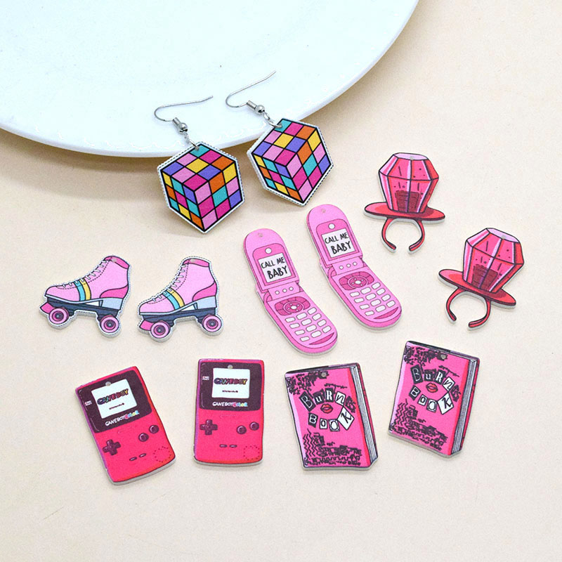 Anillo de patines de hielo rosa para mujer, abalorio acrílico, divertido libro, lindo pendiente, llavero, accesorio colgante, joyería artesanal, 10/12 piezas