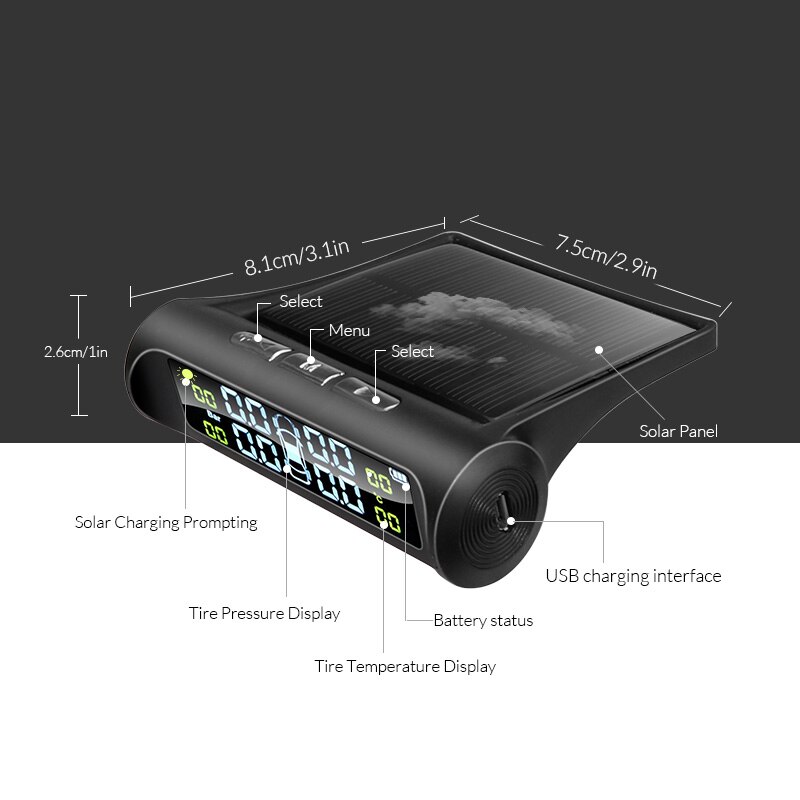 E-ace solenergi smart bil tpms dæktryksovervågningssystem digitalt display autosikkerhedsalarmsystemer dæktryk