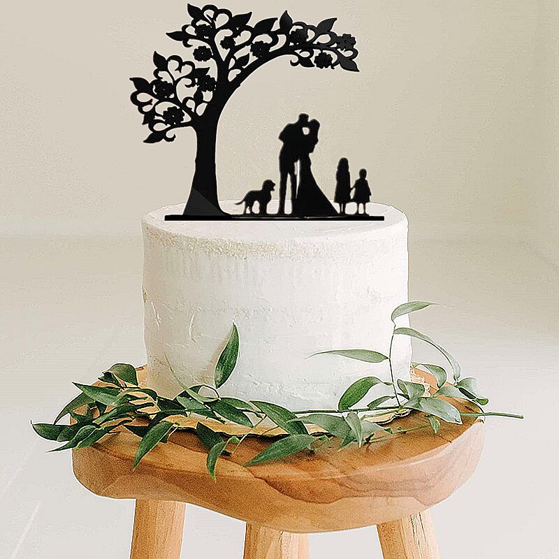 Coppia di topper torta anniverario matrimonio stile albero con 2 bambini sposa e sposo con animale domestico cane gatto ragazzi ragazze famiglia torta topper