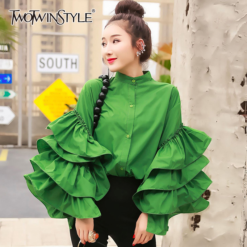 TWOTWINSTYLE Casual Patchwork Ruffles Women Shirt Stand Collar Lantern Long Sleeve Loose Blouse For Female Clothing Spring