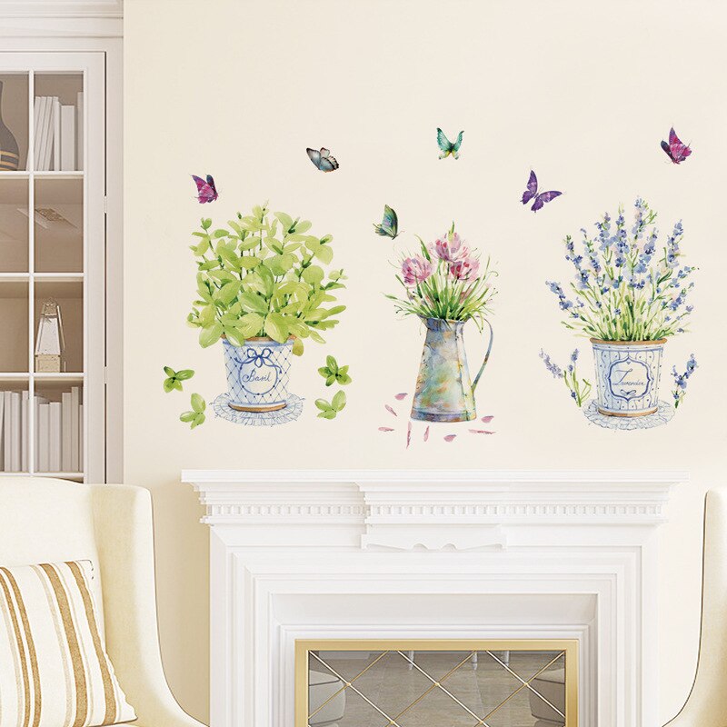 Mooie vaas vlinders Bloemen Muurstickers Gang venster landscaping decoratie thuis muurschilderingen Decals behang sticker