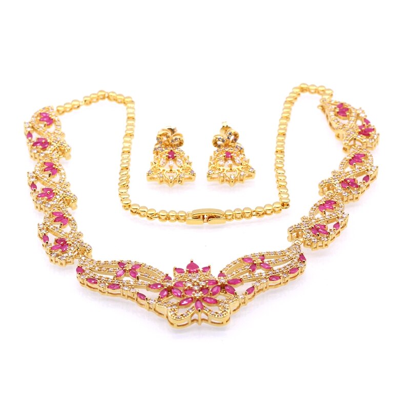 Luxury Female Costume Jewelry Set for Women Yellow Gold Color Red Green Zircon Necklace Earrings Wedding Set