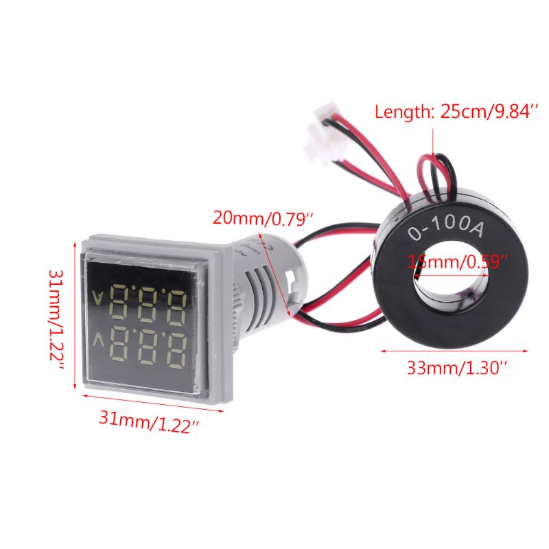 Vierkante Led Digitale Voltmeter Amperemeter 22Mm Signaal Lichten Volt Volt Ampere Current Meter Indicator Tester Meten Ac 60-500V
