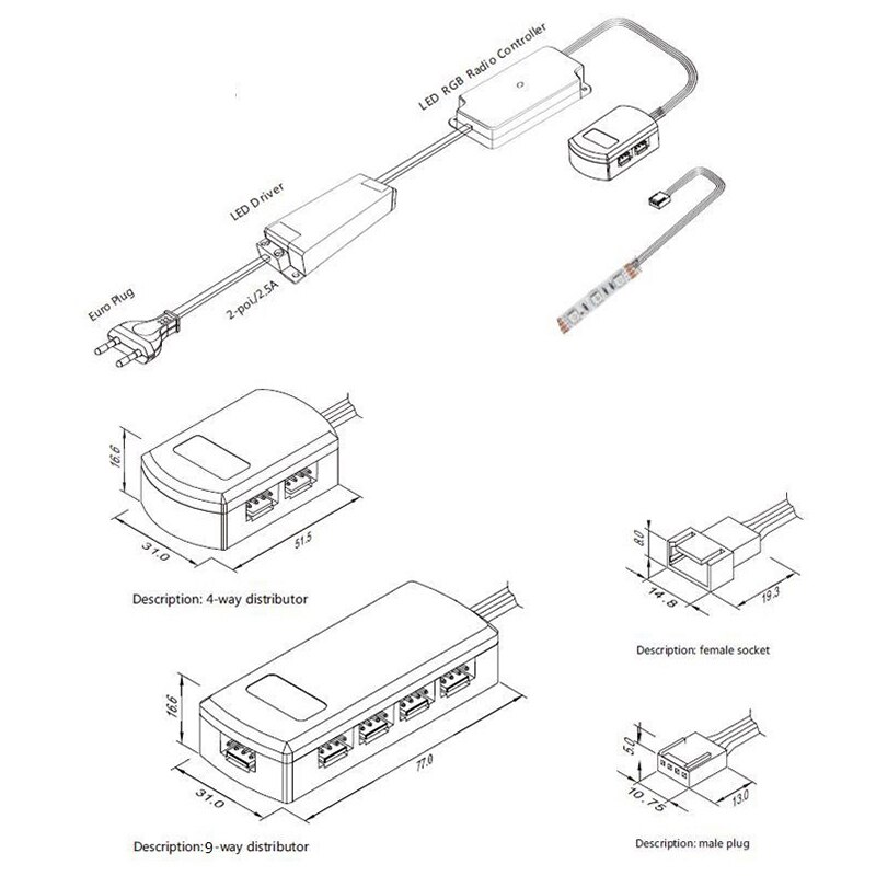 Pluggable Wire Distributor Box for Connect 4pin RGB LED Strip Light 1 to 4 1 to 9 Junction Box Connector