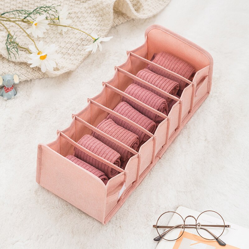 Cotton and linen Collapsible Closet Cabinet Organizer Underwear Storage Grids Foldable Drawer Organizer Interior For Socks Short: Pink 7gridS