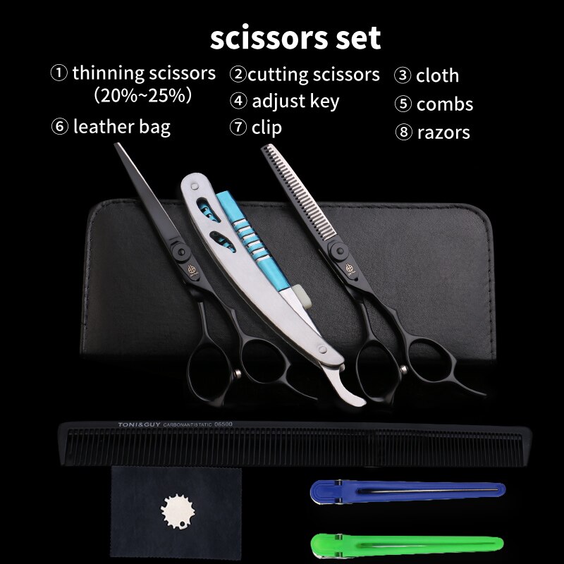 3 Kleuren Japan 440C 6 Inch Snijden Dunner Styling Tools Set Haar Schaar Professionele Kapper Schaar: BLACK BAG RAZORS