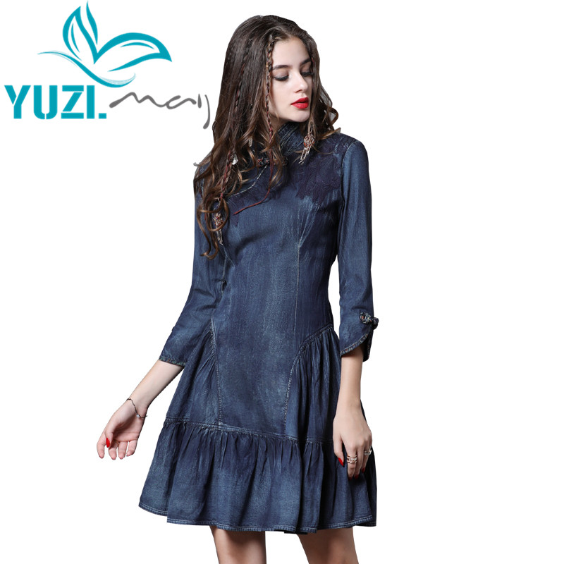 Kjole kvinder yuzi.may boho efterår denim kvinder kjoler a-line mandarin krave vintage vestidos  a82111 vestido