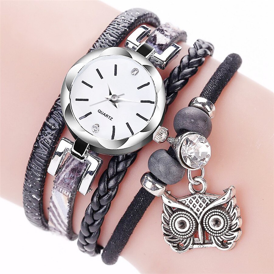 femmes montres filles analogique Quartz hibou pendentif dames robe Bracelet montres Bracelet en cuir Bracelet avec relogio feminino: A